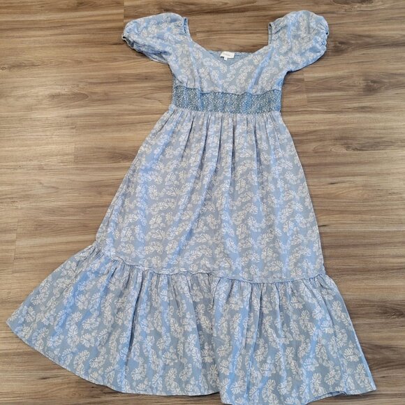 bohme Dresses & Skirts - Bohme Dress Women XL Lt Blue Floral Midi Maxi Smocked Puff Sleeve Bohemian Ferns